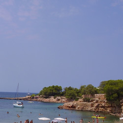 imagen de unaCala-de-Ibiza. Se ve el mar, parte de la cosa con el verde de los árboles, y el cielo azul.