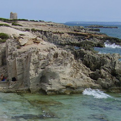 imagen de la costa-de-las-Salinas de-Ibiza. Se ve una torre vigía, las rocas de la costa, el mar y el cielo azul.